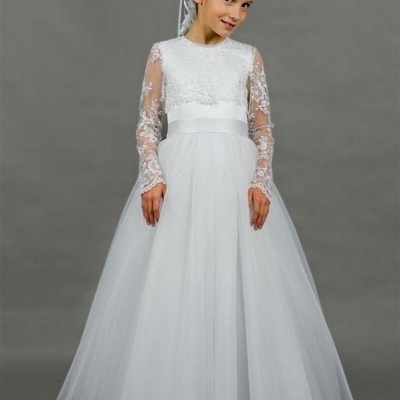 White ivory lace long sleeve first communion dresses for girls floor length vestidos de primera comunion casamento,206