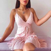 Solid Color Sexy V-Neck Ruffled Sleeveless Dress - Thumbnail 1