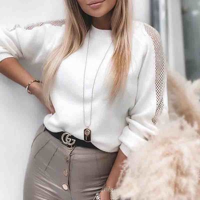 Casual Solid White Long-Sleeved Knitted Top