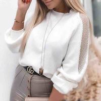 Casual Solid White Long-Sleeved Knitted Top - Thumbnail 1