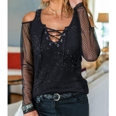 Casual off-shoulder glitter long-sleeved top - Thumbnail 4