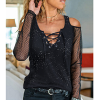 Casual Off-Shoulder Glitter Long-Sleeved Top - Thumbnail 1