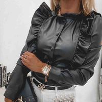Black Faux Leather Ruffled Button Long-Sleeved Shirt - Thumbnail 2