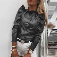 Black Faux Leather Ruffled Button Long-Sleeved Shirt - Thumbnail 1