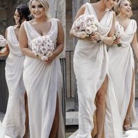 Elegant Sheath V Neck Cowl Neck Ivory Chiffon Bridesmaid Dresses with split - Thumbnail 2