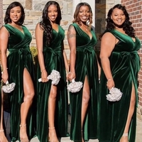 Elegant Sheath V Neck Dark Green Split Velvet Bridesmaid Dresses - Thumbnail 1