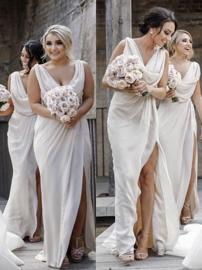 Sheath V Neck Ivory Chiffon Long Bridesmaid Dresses