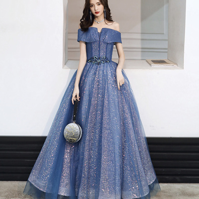 Blue tulle sequins long ball gown dress formal dress - Thumbnail 4