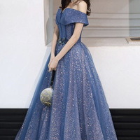 Blue tulle sequins long ball gown dress formal dress - Thumbnail 3