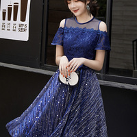 Blue lace short prom dress A line evening dress - Thumbnail 1