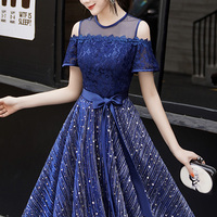 Blue lace short prom dress A line evening dress - Thumbnail 4
