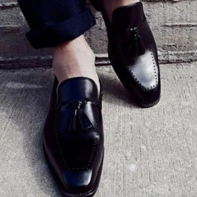 Handmade men black. unique loafer tassels shoes