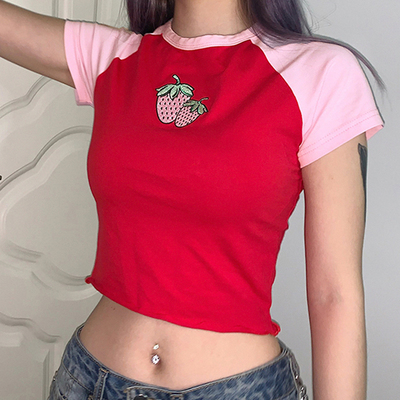 Cute Strawberry Embroidery Patchwork Short Sleeve Shirt Crop Top T-shirt Tee Casual Summer E-Girl Kawaii Korean Japanese Harajuku Streetwear