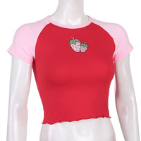 Cute Strawberry Embroidery Patchwork Short Sleeve Shirt Crop Top T-shirt Tee Casual Summer E-Girl Kawaii Korean Japanese Harajuku Streetwear - Thumbnail 1