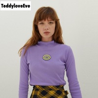 Cute Purple Knit Long Sleeve Shirt Turtleneck Sweatshirt T-shirt Top Autumn E-Girl Kawaii Korean Japanese Harajuku Streetwear - Thumbnail 2