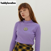 Cute Purple Knit Long Sleeve Shirt Turtleneck Sweatshirt T-shirt Top Autumn E-Girl Kawaii Korean Japanese Harajuku Streetwear - Thumbnail 4