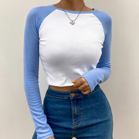 Cute Color Contrast Patchwork Crop Top Long Sleeve Shirt TeeT-shirt Casual Autumn E-Girl Kawaii Korean Japanese Harajuku Streetwear - Thumbnail 5
