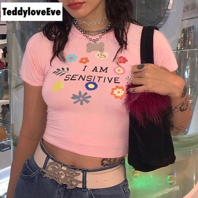 Cute sensitive pink flower embroidery sexy crop top short sleeve shirt tee t-shirt summer casual e-girl kawaii korean japanese harajuku streetwear - Thumbnail 1