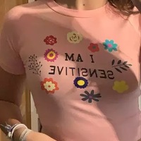 Cute Sensitive Pink Flower Embroidery Sexy Crop Top Short Sleeve Shirt Tee T-shirt Summer Casual E-Girl Kawaii Korean Japanese Harajuku Streetwear - Thumbnail 1