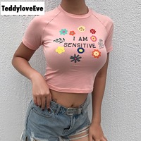 Cute Sensitive Pink Flower Embroidery Sexy Crop Top Short Sleeve Shirt Tee T-shirt Summer Casual E-Girl Kawaii Korean Japanese Harajuku Streetwear - Thumbnail 5