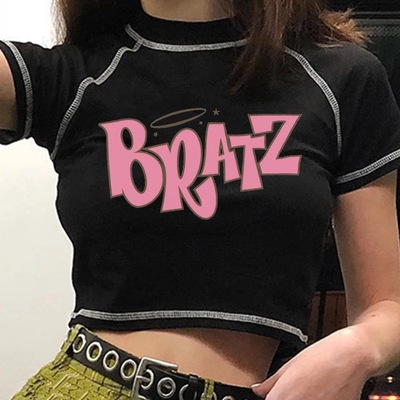 Cute Black Bratz Cartoon Vintage Sexy Crop Top Short Sleeve Shirt Tee T-shirt Summer Casual E-Girl Kawaii Korean Japanese Harajuku Streetwear
