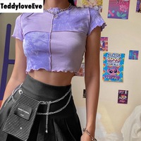 Cute Purple Sequin Ruffle Hem Patchwork Sexy Crop Top Short Sleeve Shirt Tee T-shirt Summer Casual E-Girl Kawaii Korean Japanese Harajuku Streetwear - Thumbnail 1