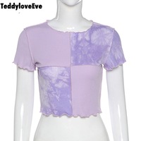 Cute Purple Sequin Ruffle Hem Patchwork Sexy Crop Top Short Sleeve Shirt Tee T-shirt Summer Casual E-Girl Kawaii Korean Japanese Harajuku Streetwear - Thumbnail 6