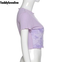 Cute Purple Sequin Ruffle Hem Patchwork Sexy Crop Top Short Sleeve Shirt Tee T-shirt Summer Casual E-Girl Kawaii Korean Japanese Harajuku Streetwear - Thumbnail 7