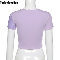 Cute Purple Sequin Ruffle Hem Patchwork Sexy Crop Top Short Sleeve Shirt Tee T-shirt Summer Casual E-Girl Kawaii Korean Japanese Harajuku Streetwear - Thumbnail 8