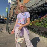 Cute Cat Butterfly Print Purple Sexy Crop Top Tank Short Sleeve Shirt Tee T-shirt Summer Casual E-Girl Kawaii Korean Japanese Harajuku Streetwear - Thumbnail 1