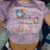 Cute Cat Butterfly Print Purple Sexy Crop Top Tank Short Sleeve Shirt Tee T-shirt Summer Casual E-Girl Kawaii Korean Japanese Harajuku Streetwear - Thumbnail 9