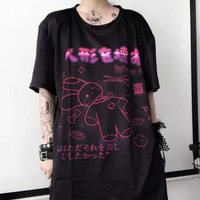 Cute Black Rabbit Bunny Print Oversized Loose Short Sleeve Shirt Tee T-shirt Summer Casual Goth Punk E-Girl Kawaii Korean Japanese Harajuku Streetwear - Thumbnail 2