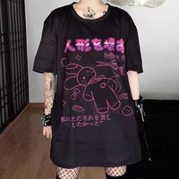 Cute Black Rabbit Bunny Print Oversized Loose Short Sleeve Shirt Tee T-shirt Summer Casual Goth Punk E-Girl Kawaii Korean Japanese Harajuku Streetwear - Thumbnail 3