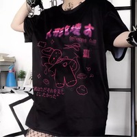 Cute Black Rabbit Bunny Print Oversized Loose Short Sleeve Shirt Tee T-shirt Summer Casual Goth Punk E-Girl Kawaii Korean Japanese Harajuku Streetwear - Thumbnail 4