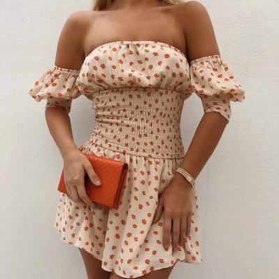 Women's retro printing one word collar short sleeve dress - Thumbnail 5