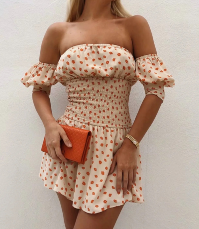 Women'S Retro Printing One Word Collar Short Sleeve Dress