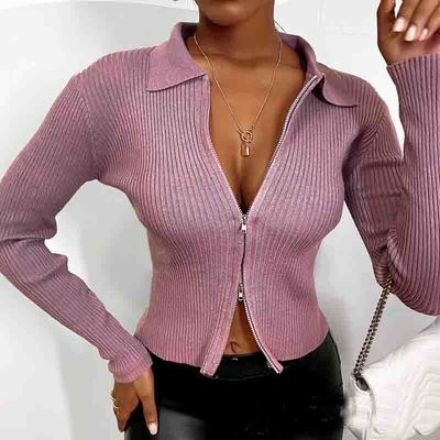 Solid color long-sleeved pink zipper cardigan sweater - Thumbnail 5