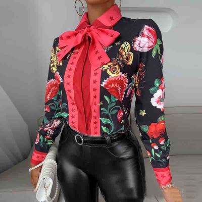 Butterfly print star red-trimmed lapel long-sleeved shirt - Thumbnail 3