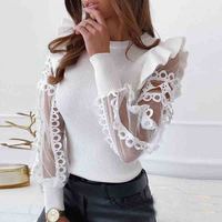 Pure Color Long Sleeve Mesh Splicing Top - Thumbnail 2