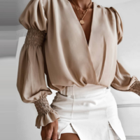 Solid Color Sexy V-Neck Long Sleeve Shirt - Thumbnail 1