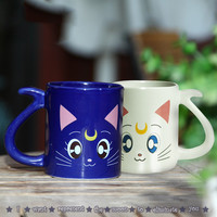 Harajuku Sailor Moon Cat Couple Pair Luna Ceramic Water Cup Mug (Two) - Thumbnail 1