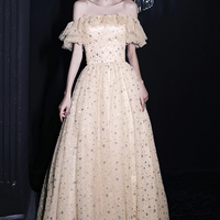 Champagne tulle sequins long prom dress evening dress - Thumbnail 1