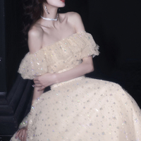 Champagne tulle sequins long prom dress evening dress - Thumbnail 4