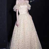 Champagne tulle sequins long prom dress evening dress - Thumbnail 7