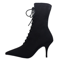 Elastic stocking boots women khaki high heels pointed toe stiletto lace-up ankle boots S-253 - Thumbnail 4