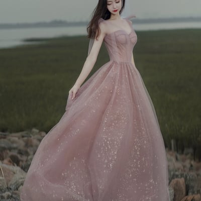 Pink a line prom dress pink tulle evening dress - Thumbnail 2