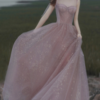 Pink A line prom dress pink tulle evening dress - Thumbnail 1