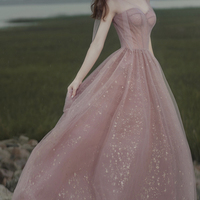 Pink A line prom dress pink tulle evening dress - Thumbnail 2