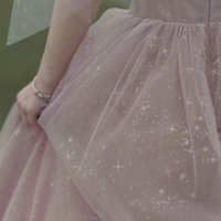 Pink A line prom dress pink tulle evening dress - Thumbnail 3