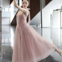 Pink A line prom dress pink tulle evening dress - Thumbnail 5